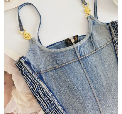 Fringed Denim Crop Cami Top