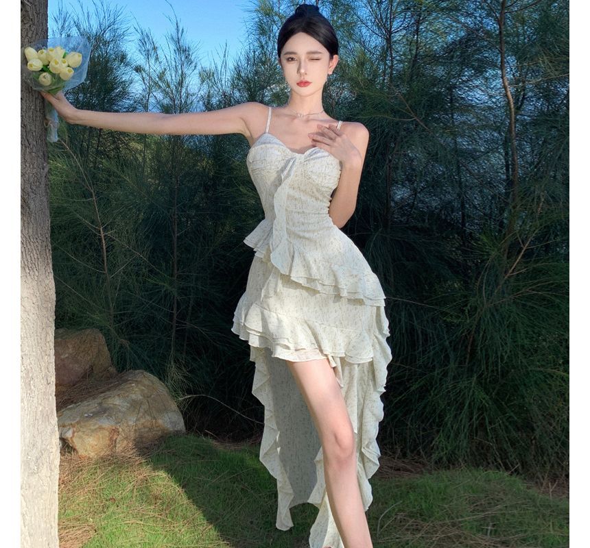 Floral Trim Dress Ruffle Maxi A-Line Spaghetti Strap