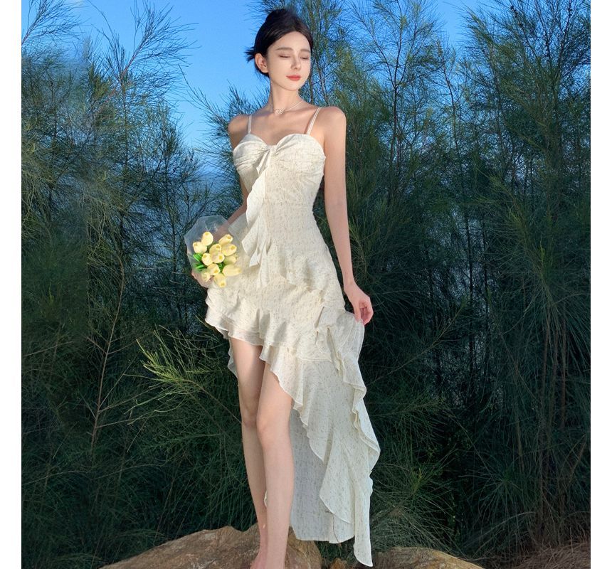 Floral Trim Dress Ruffle Maxi A-Line Spaghetti Strap