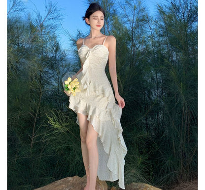 Floral Trim Dress Ruffle Maxi A-Line Spaghetti Strap