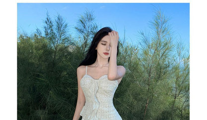 Floral Trim Dress Ruffle Maxi A-Line Spaghetti Strap