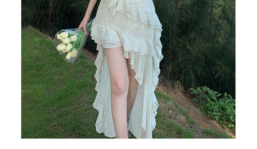 Floral Trim Dress Ruffle Maxi A-Line Spaghetti Strap