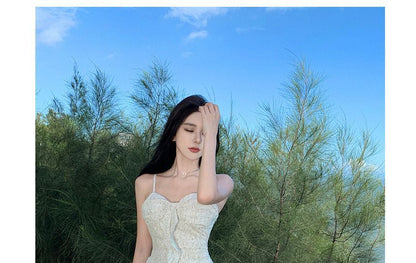 Floral Trim Dress Ruffle Maxi A-Line Spaghetti Strap