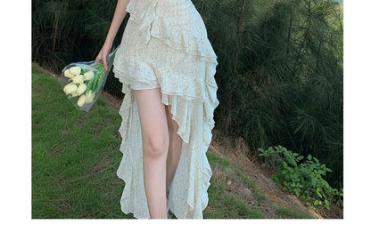 Floral Trim Dress Ruffle Maxi A-Line Spaghetti Strap