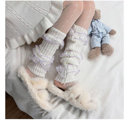 Ruffle Trim Ribbed Knit Leg Warmers