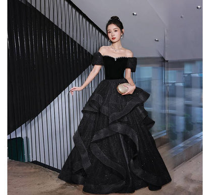 Shoulder Panel A-Line Off Velvet Rhinestone Ruffle Gown Evening Short-Sleeve Glitter