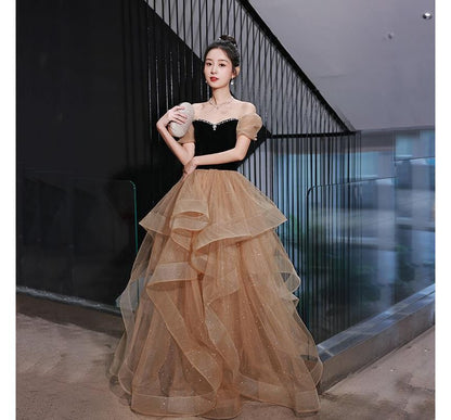 Shoulder Panel A-Line Off Velvet Rhinestone Ruffle Gown Evening Short-Sleeve Glitter