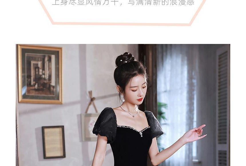 Shoulder Panel A-Line Off Velvet Rhinestone Ruffle Gown Evening Short-Sleeve Glitter