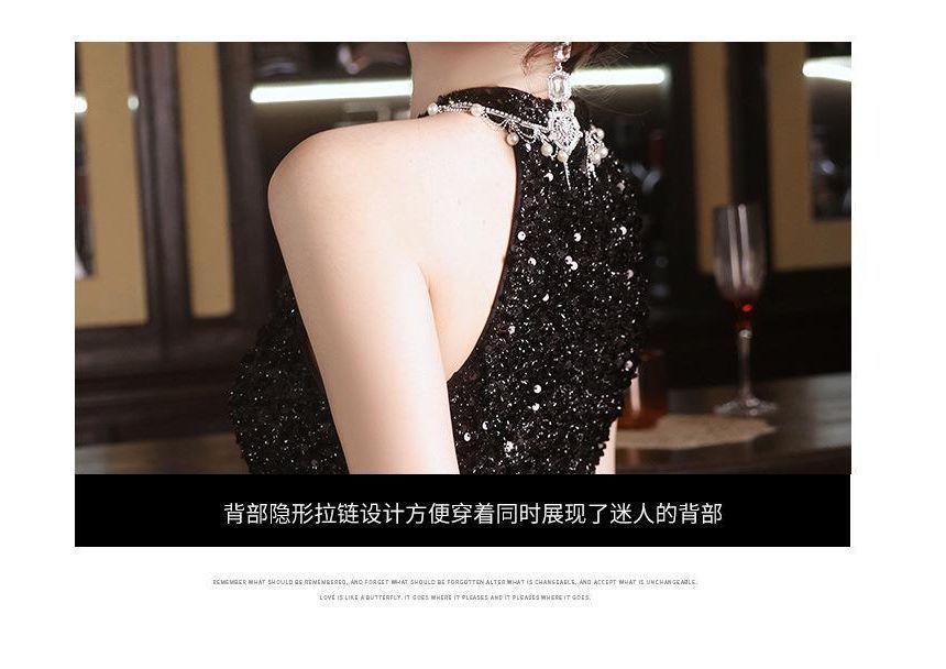 Sleeveless Crew Neck Sequin Faux Pearl Keyhole Ruffle Panel Mesh High-Low A-Line Evening Gown