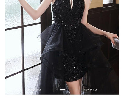 Sleeveless Crew Neck Sequin Faux Pearl Keyhole Ruffle Panel Mesh High-Low A-Line Evening Gown