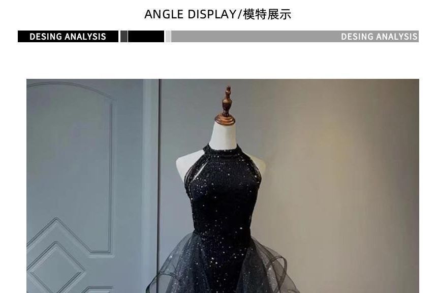 Panel Sleeveless Glitter Beaded Gown A-Line Evening Crew Ruffle Mesh Neck Plain