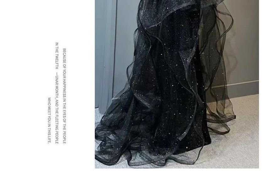 Panel Sleeveless Glitter Beaded Gown A-Line Evening Crew Ruffle Mesh Neck Plain