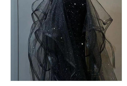 Panel Sleeveless Glitter Beaded Gown A-Line Evening Crew Ruffle Mesh Neck Plain