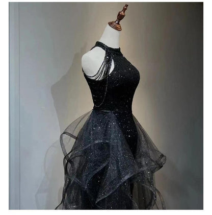 Panel Sleeveless Glitter Beaded Gown A-Line Evening Crew Ruffle Mesh Neck Plain