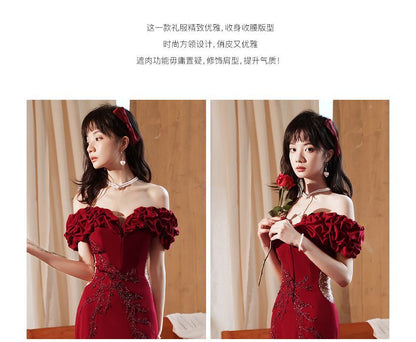 Plain Mesh Ruched Evening Off Shoulder Short-Sleeve Mermaid Panel Gown Beaded