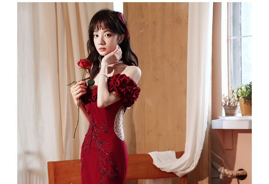 Plain Mesh Ruched Evening Off Shoulder Short-Sleeve Mermaid Panel Gown Beaded