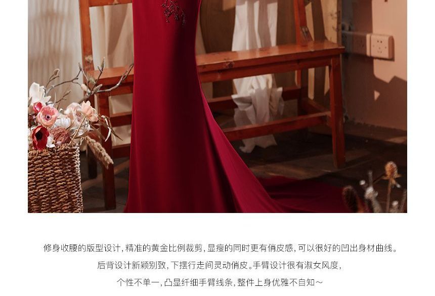 Plain Mesh Ruched Evening Off Shoulder Short-Sleeve Mermaid Panel Gown Beaded