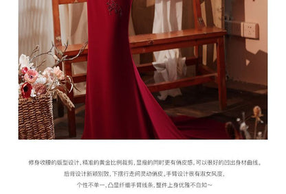 Plain Mesh Ruched Evening Off Shoulder Short-Sleeve Mermaid Panel Gown Beaded