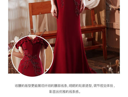 Plain Mesh Ruched Evening Off Shoulder Short-Sleeve Mermaid Panel Gown Beaded