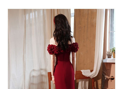 Plain Mesh Ruched Evening Off Shoulder Short-Sleeve Mermaid Panel Gown Beaded