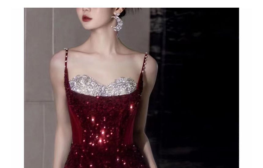 Sequin Strap Evening Panel Tone A-Line Two Slit Mesh Spaghetti