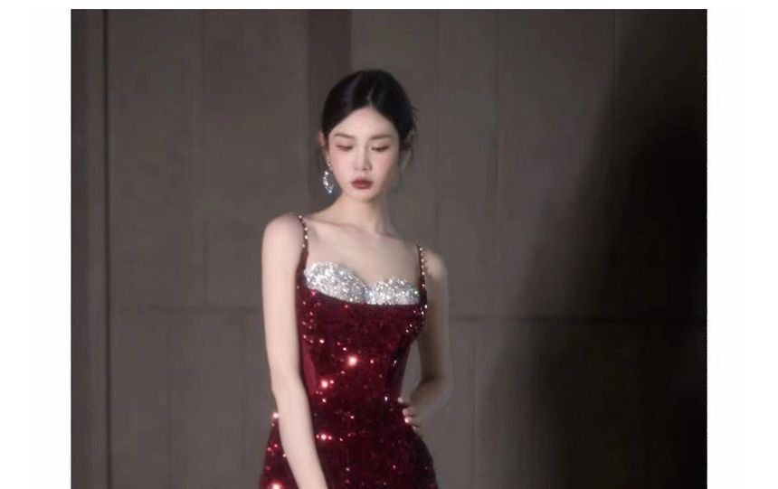 Sequin Strap Evening Panel Tone A-Line Two Slit Mesh Spaghetti