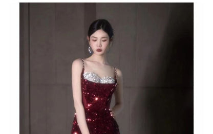 Sequin Strap Evening Panel Tone A-Line Two Slit Mesh Spaghetti