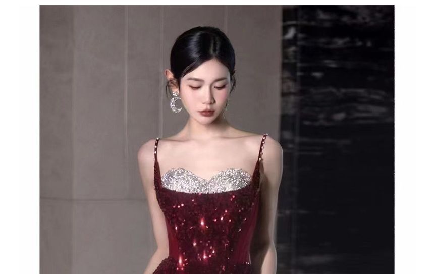 Sequin Strap Evening Panel Tone A-Line Two Slit Mesh Spaghetti