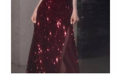 Sequin Strap Evening Panel Tone A-Line Two Slit Mesh Spaghetti