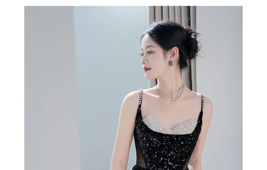 Sequin Strap Evening Panel Tone A-Line Two Slit Mesh Spaghetti