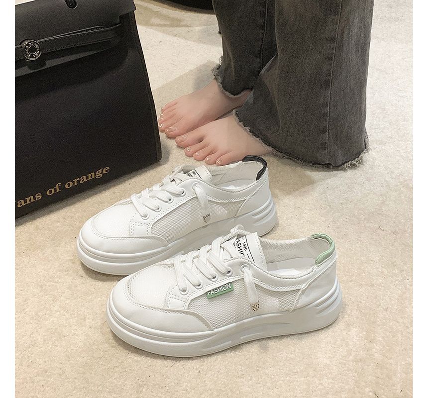 Lettering Mesh Panel Lace-Up Platform Sneakers