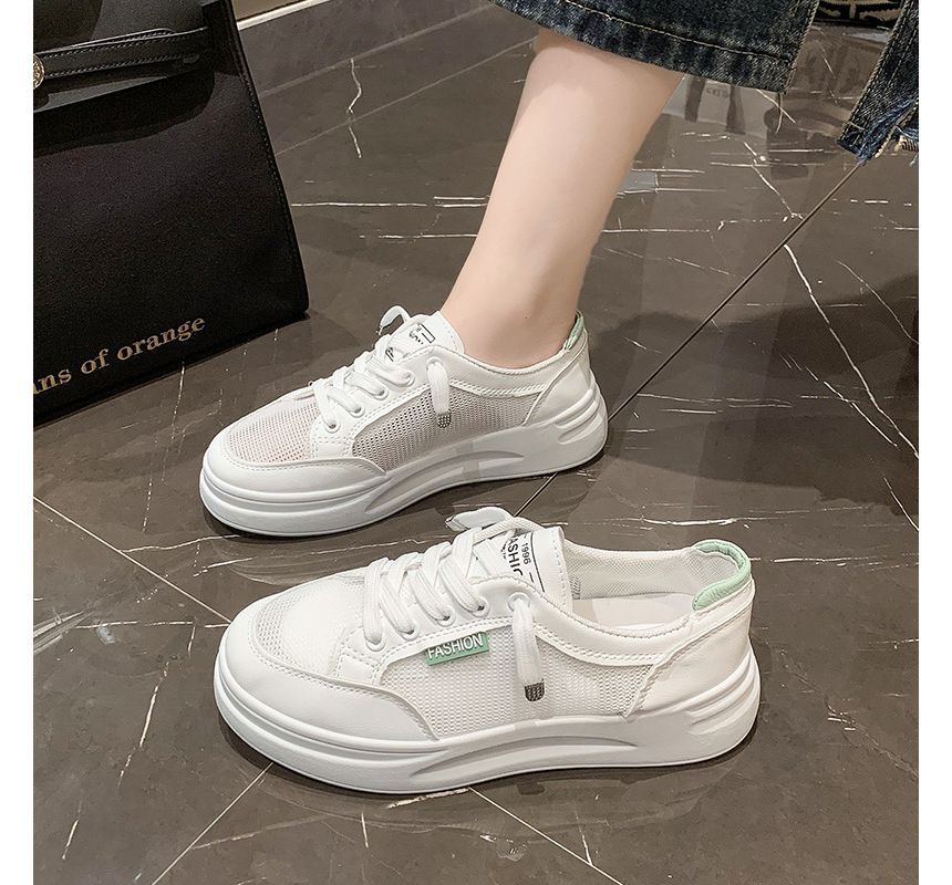 Lettering Mesh Panel Lace-Up Platform Sneakers