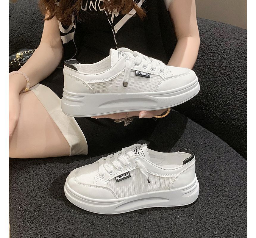 Lettering Mesh Panel Lace-Up Platform Sneakers