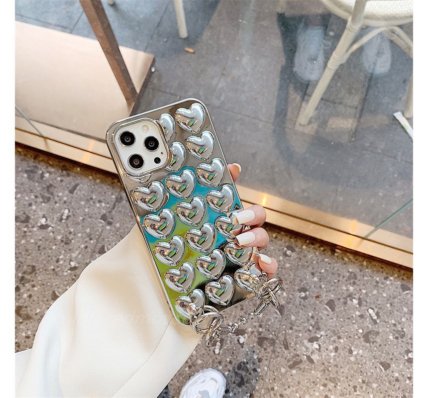 Metallic Heart Phone Case With Strap For iPhone 11, 11 Pro, 11 Pro Max, 12/12 Pro, 12 Pro Max, 13, 13 Pro, 13 Pro Max, 14, 14 Plus, 14 Pro, 14 Pro Max