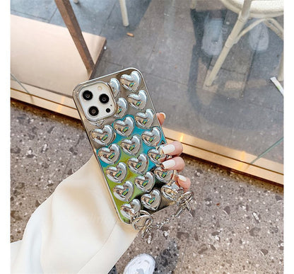 Metallic Heart Phone Case With Strap For iPhone 11, 11 Pro, 11 Pro Max, 12/12 Pro, 12 Pro Max, 13, 13 Pro, 13 Pro Max, 14, 14 Plus, 14 Pro, 14 Pro Max
