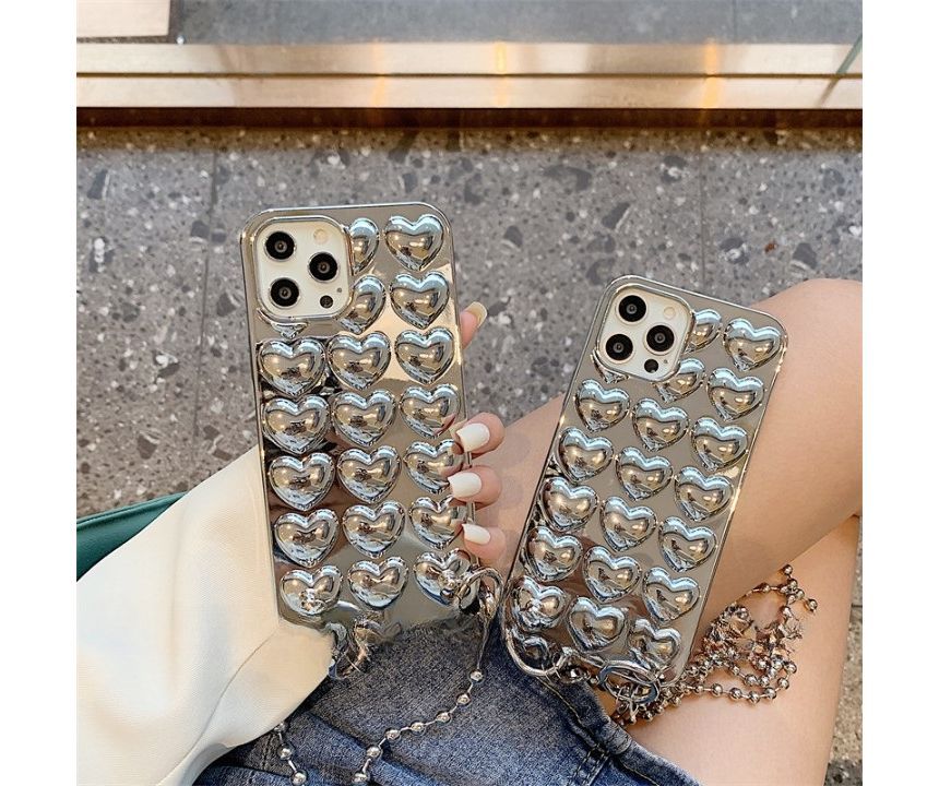 Metallic Heart Phone Case With Strap For iPhone 11, 11 Pro, 11 Pro Max, 12/12 Pro, 12 Pro Max, 13, 13 Pro, 13 Pro Max, 14, 14 Plus, 14 Pro, 14 Pro Max