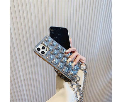 Metallic Heart Phone Case With Strap For iPhone 11, 11 Pro, 11 Pro Max, 12/12 Pro, 12 Pro Max, 13, 13 Pro, 13 Pro Max, 14, 14 Plus, 14 Pro, 14 Pro Max