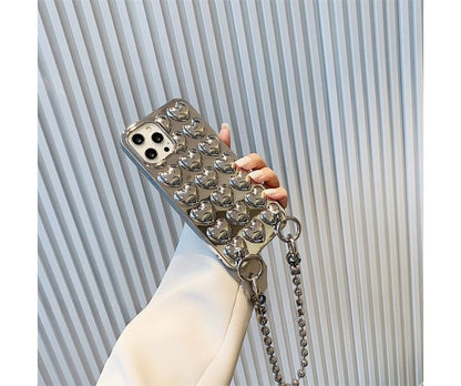 Metallic Heart Phone Case With Strap For iPhone 11, 11 Pro, 11 Pro Max, 12/12 Pro, 12 Pro Max, 13, 13 Pro, 13 Pro Max, 14, 14 Plus, 14 Pro, 14 Pro Max