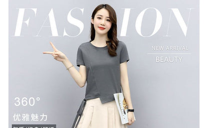 Round Plain + Waist Short-Sleeve T-Shirt Set: Neck Midi Skirt A-Line Elastic