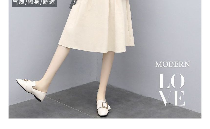 Round Plain + Waist Short-Sleeve T-Shirt Set: Neck Midi Skirt A-Line Elastic