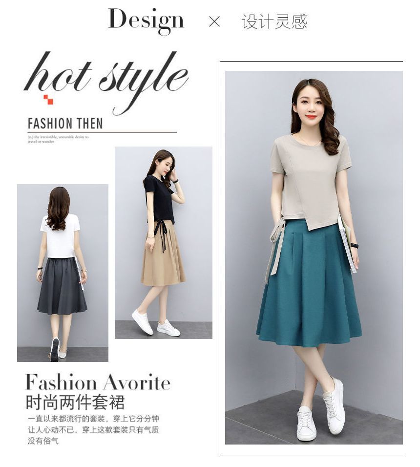 Round Plain + Waist Short-Sleeve T-Shirt Set: Neck Midi Skirt A-Line Elastic