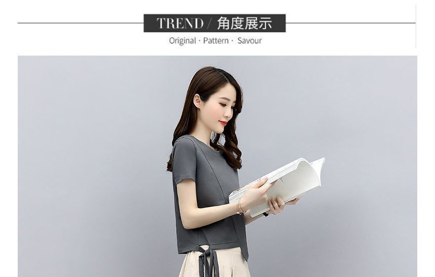 Round Plain + Waist Short-Sleeve T-Shirt Set: Neck Midi Skirt A-Line Elastic