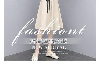 Round Plain + Waist Short-Sleeve T-Shirt Set: Neck Midi Skirt A-Line Elastic