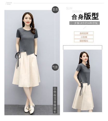 Round Plain + Waist Short-Sleeve T-Shirt Set: Neck Midi Skirt A-Line Elastic