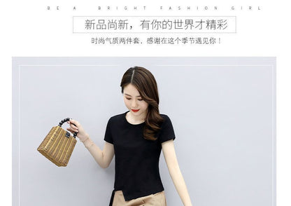 Round Plain + Waist Short-Sleeve T-Shirt Set: Neck Midi Skirt A-Line Elastic