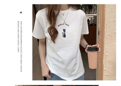 T-Shirt Print Short-Sleeve Neck Cat Crew