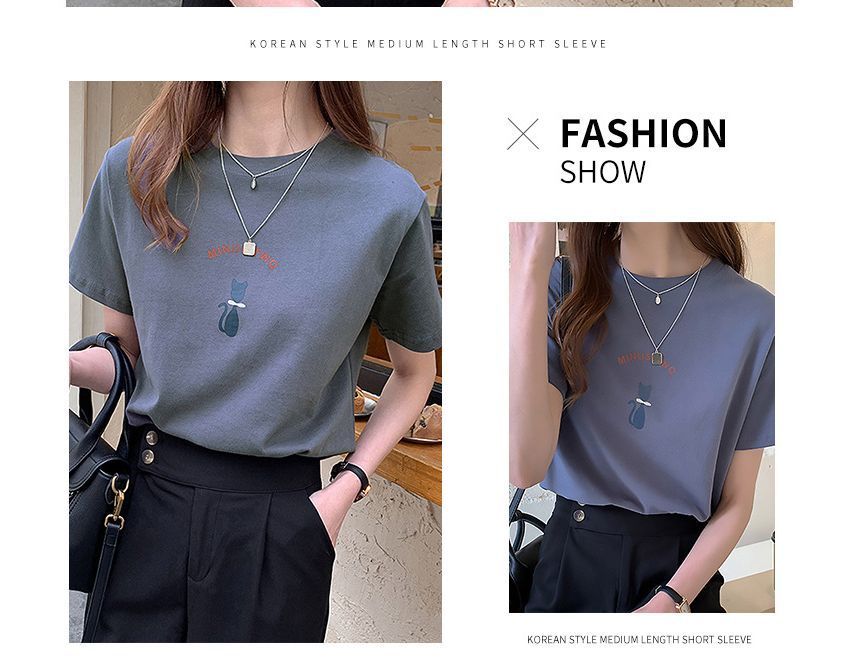 T-Shirt Print Short-Sleeve Neck Cat Crew