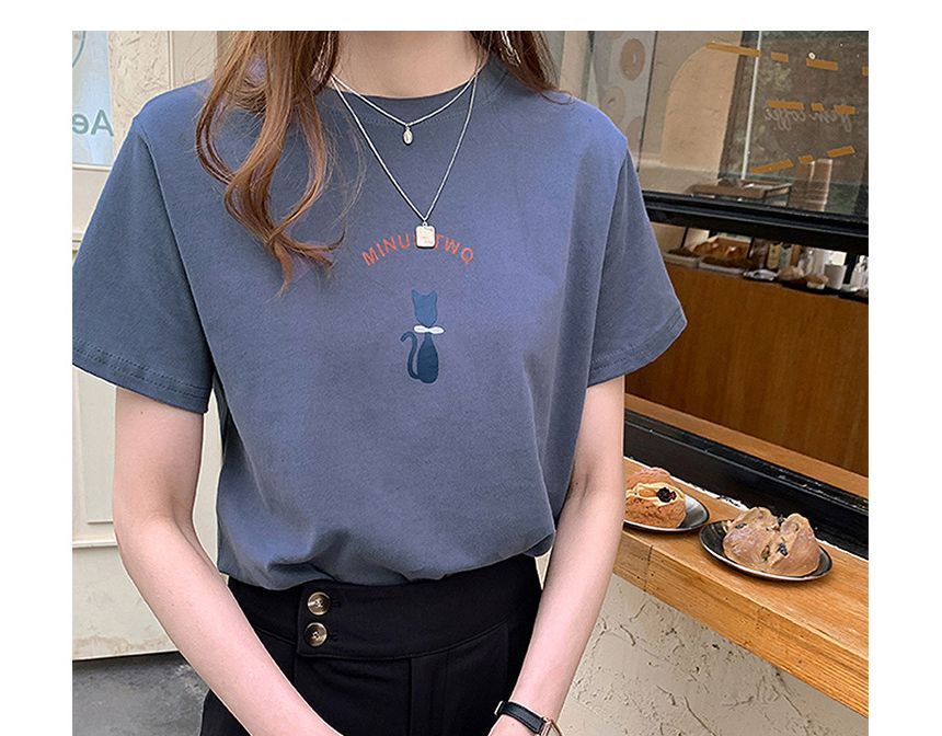 T-Shirt Print Short-Sleeve Neck Cat Crew