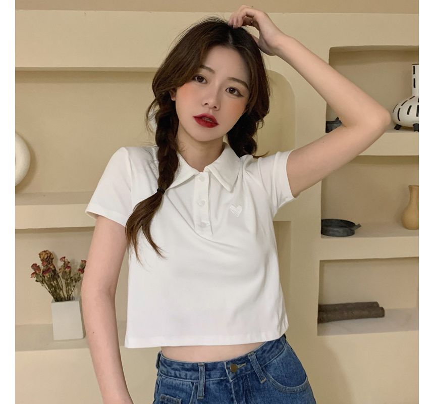 Embroidered Short-Sleeve Polo Heart Shirt