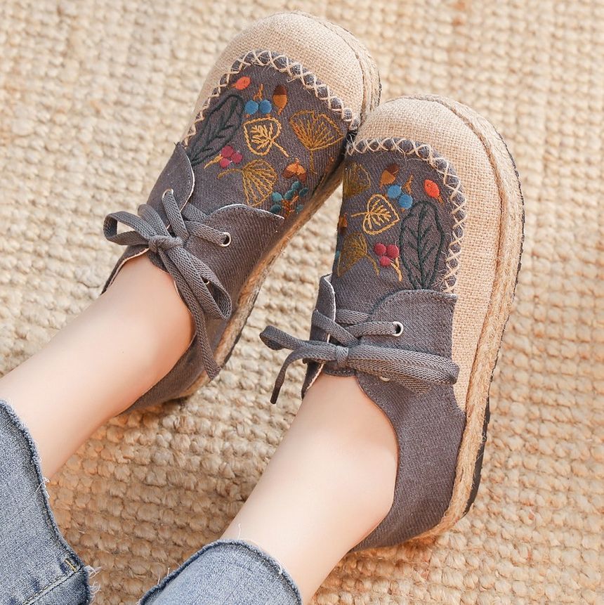 Slip-Ons Lace-Up Leaf Embroidered